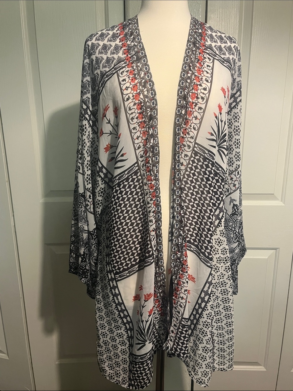 Impressions Floral & Paisley Open Kimono - White, Black & Red